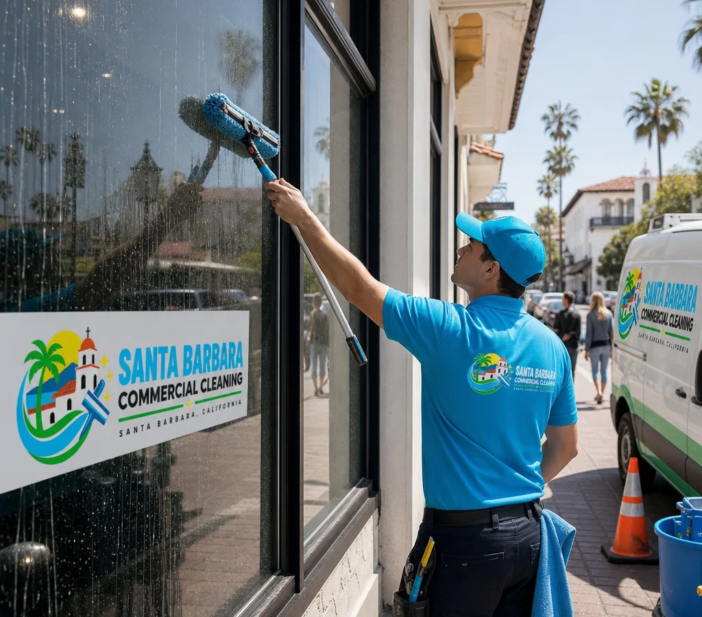 Professional window cleaner producing streak-free glass on a Santa Barbara commercial storefront