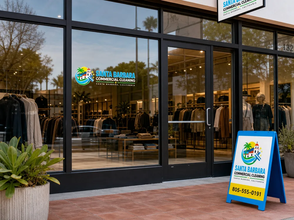 Clean retail storefront entrance and display glass at a Santa Barbara shopping location