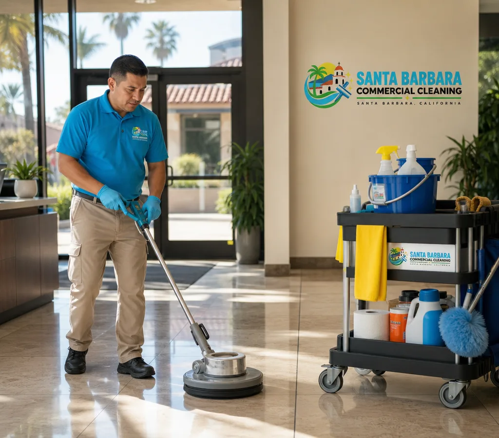 Commercial cleaner working through a checklist in a Santa Barbara business interior after hours